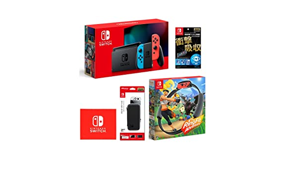 Nintendo Switch 本体 (ニンテンドースイッチ) Joy-Con(L) ネオンブルー/(R) ネオンレッド+【任天堂ライセンス商品】Nintendo Switch専用液晶保護フィルム 多機能+リングフィット アドベンチャー -Switch+Nintendo Switch 専用 スマートポーチEVA ブラック×グレー (【Amazon.co.jp限定】Nintendo Switch ロゴデザイン マイクロファイバークロス 同梱)