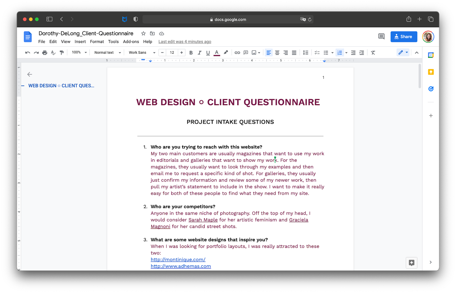 View of client's project onboarding questionnaire created in Google Docs.