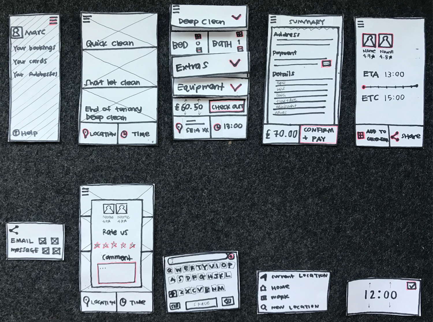 Paper Prototype, left to right — menu bar, services, requirements, summary, tracking, add to cal pop-up, confirmation, keyboard, location, time