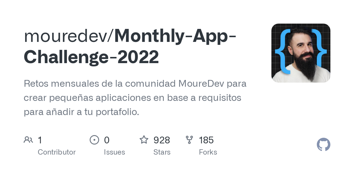 GitHub - mouredev/Monthly-App-Challenge-2022: Retos mensuales de la comunidad MoureDev para crear pequeñas aplicaciones en base a requisitos