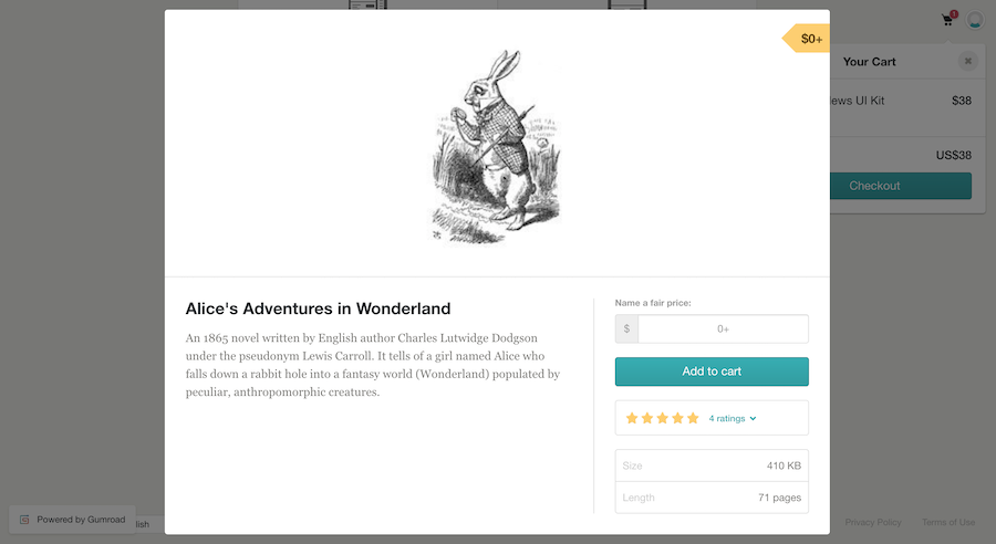 Before 2022, Gumroad’s shopping cart appeared as simple overlay on your website