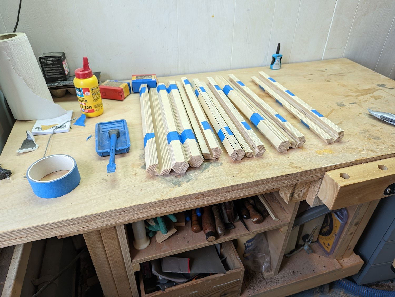 Initial glue up for the plywood. I call these “sausages”.