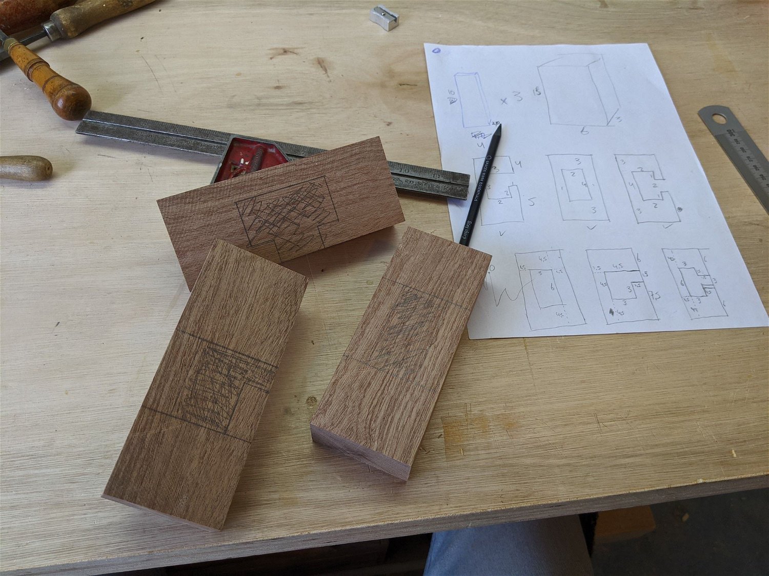 Drew out all the dimensions on paper and then on the pieces themselves and started chiseling away.