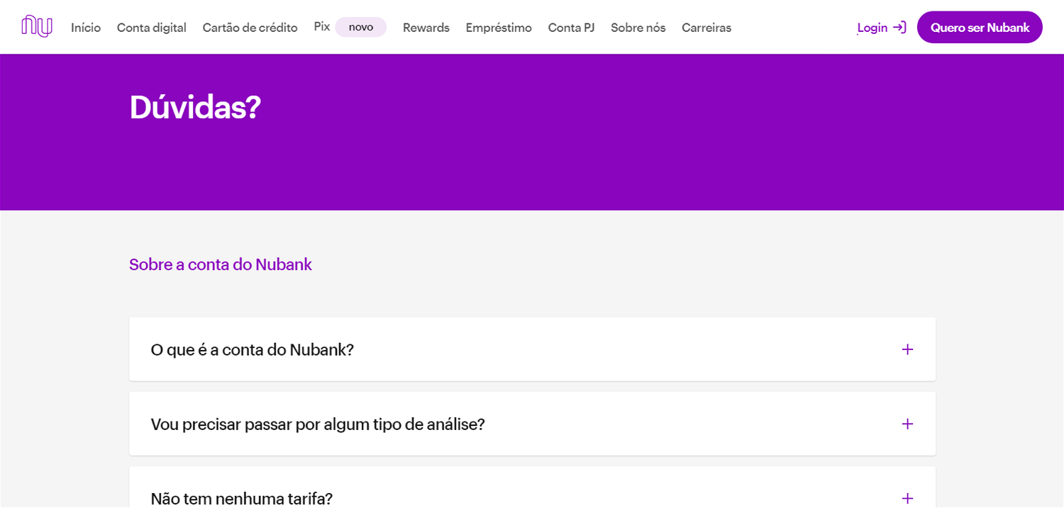 O site do Nubank tem uma seção de perguntas frequentes, mas nenhuma Central de Ajuda (que está disponível apenas no aplicativo móvel).