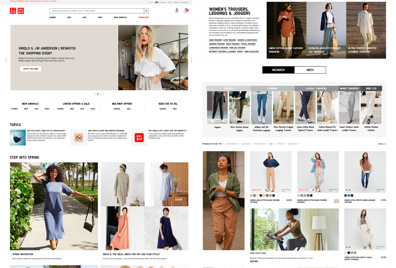 Uniqlo's desktop website. Home page (left) and category page (right)