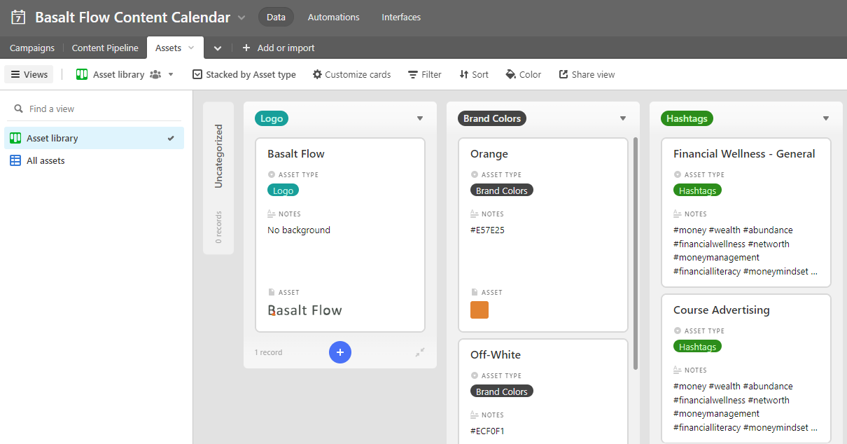 Asset Library table - Kanban view. In order to be visually consistent and manage the most useful hashtags, I created the Asset Library table to keep track of brand logos, colors and relevant hashtags.