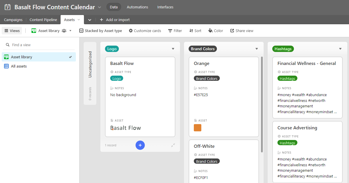 Asset Library table - Kanban view. In order to be visually consistent and manage the most useful hashtags, I created the Asset Library table to keep track of brand logos, colors and relevant hashtags. 