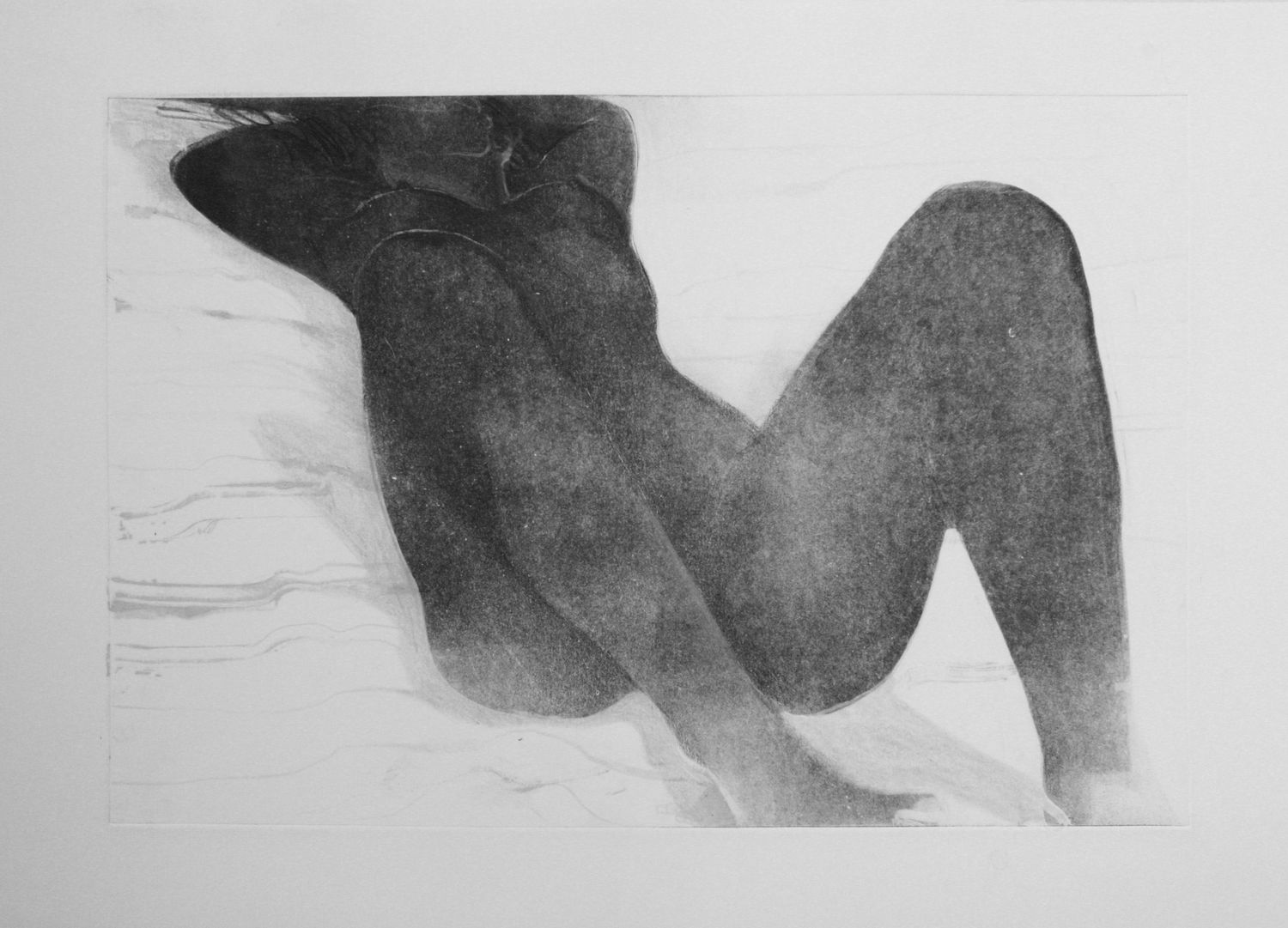 Laying woman.
Monotype print, etching ink on paper,  50x70 cm, 2018