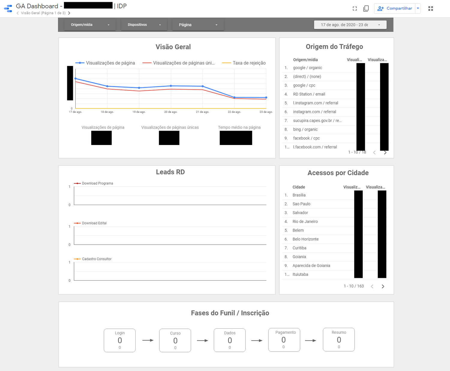 Página 1 do painel mostrando visualizações do site, fontes de tráfego, número de leads