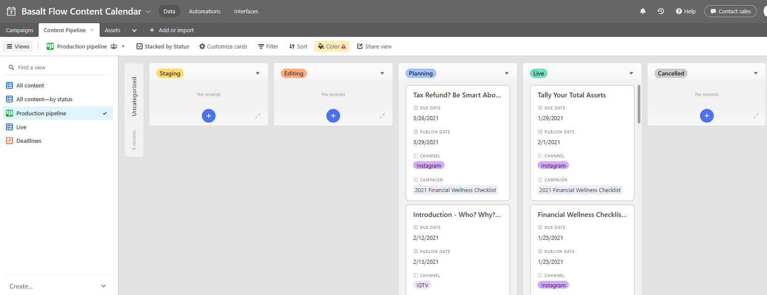 Content Pipeline table - Production Pipeline (Kanban) view. This view provided a quick overview of where my posts were in process, so I knew if I was early, on time or falling behind on my plan.