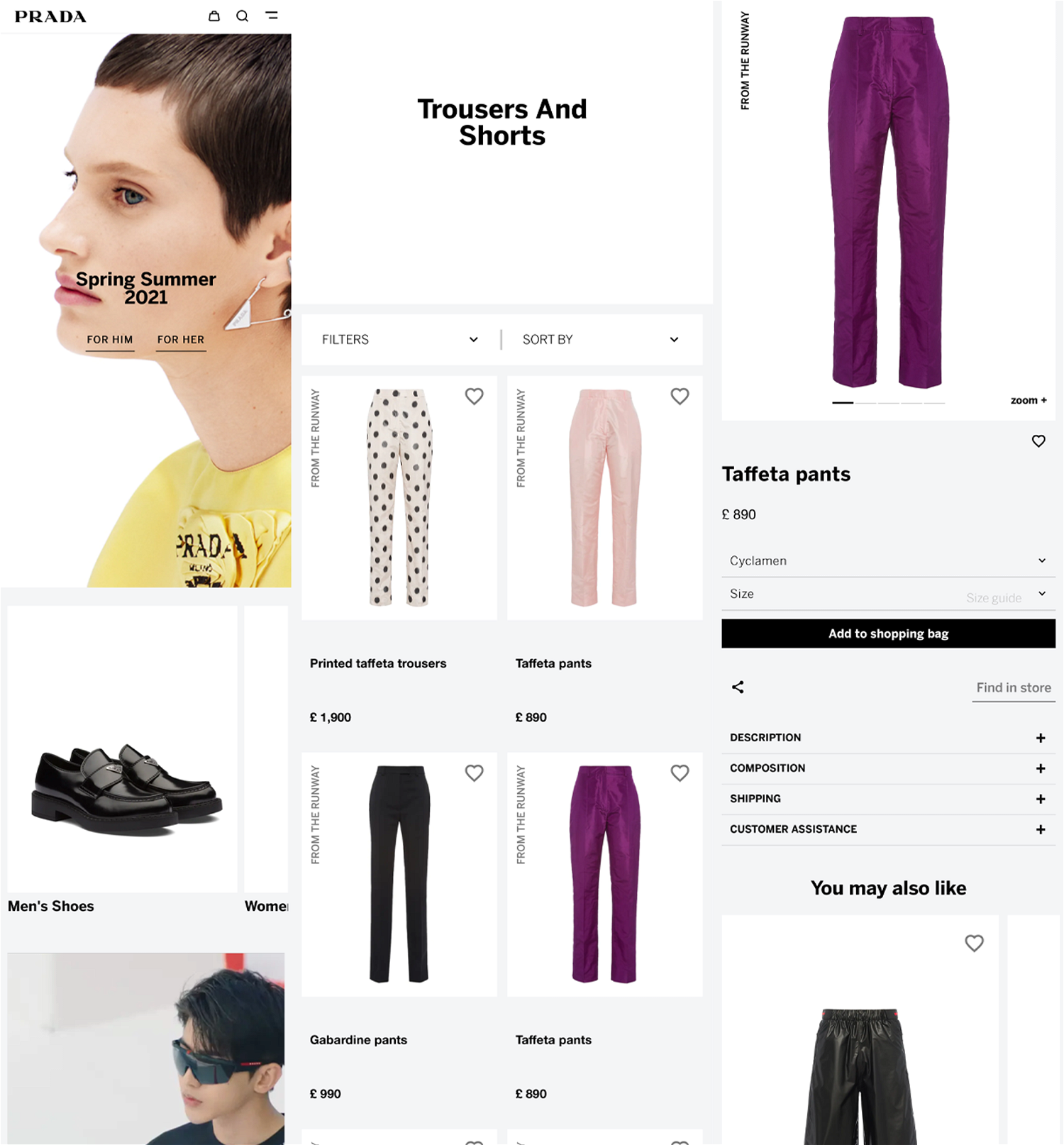 Prada's Mobile main page, category page and product page (left to right)