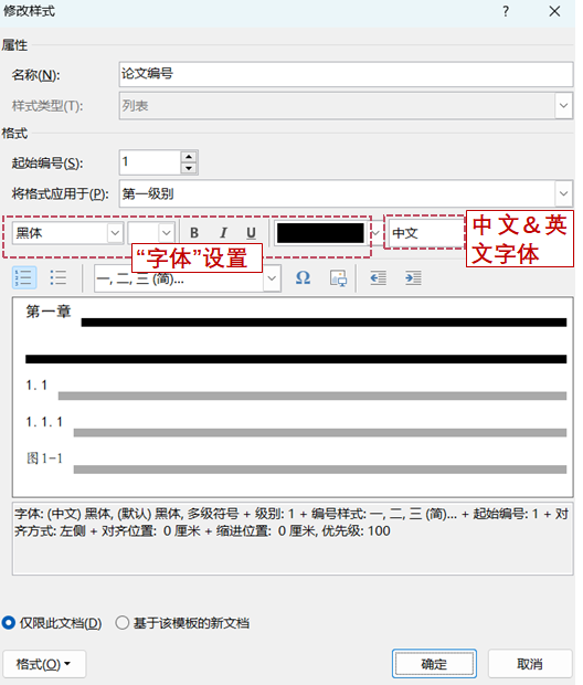 “论文编号”列表样式的“修改样式”窗口