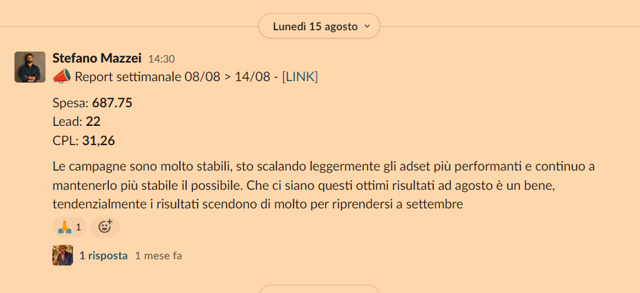 Translation: “The campaigns are very stable, I'm scaling the best-performing Adsets and continue to keep them as stable as possible. That there are these results in August are good, they tend to drop a lot and then recover in September.”