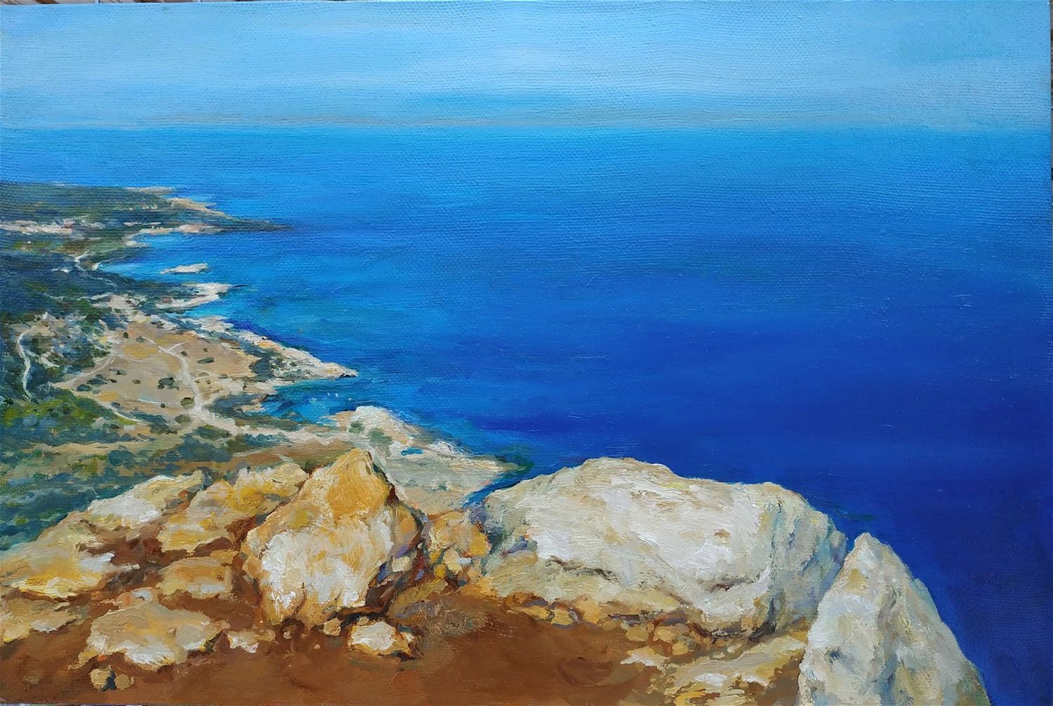 The landscape on canvas with oil paints was created on Cyprus Blue Lagoon. 60x40cm.