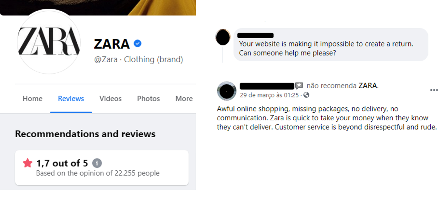 Zara's score, comments and reviews on Facebook