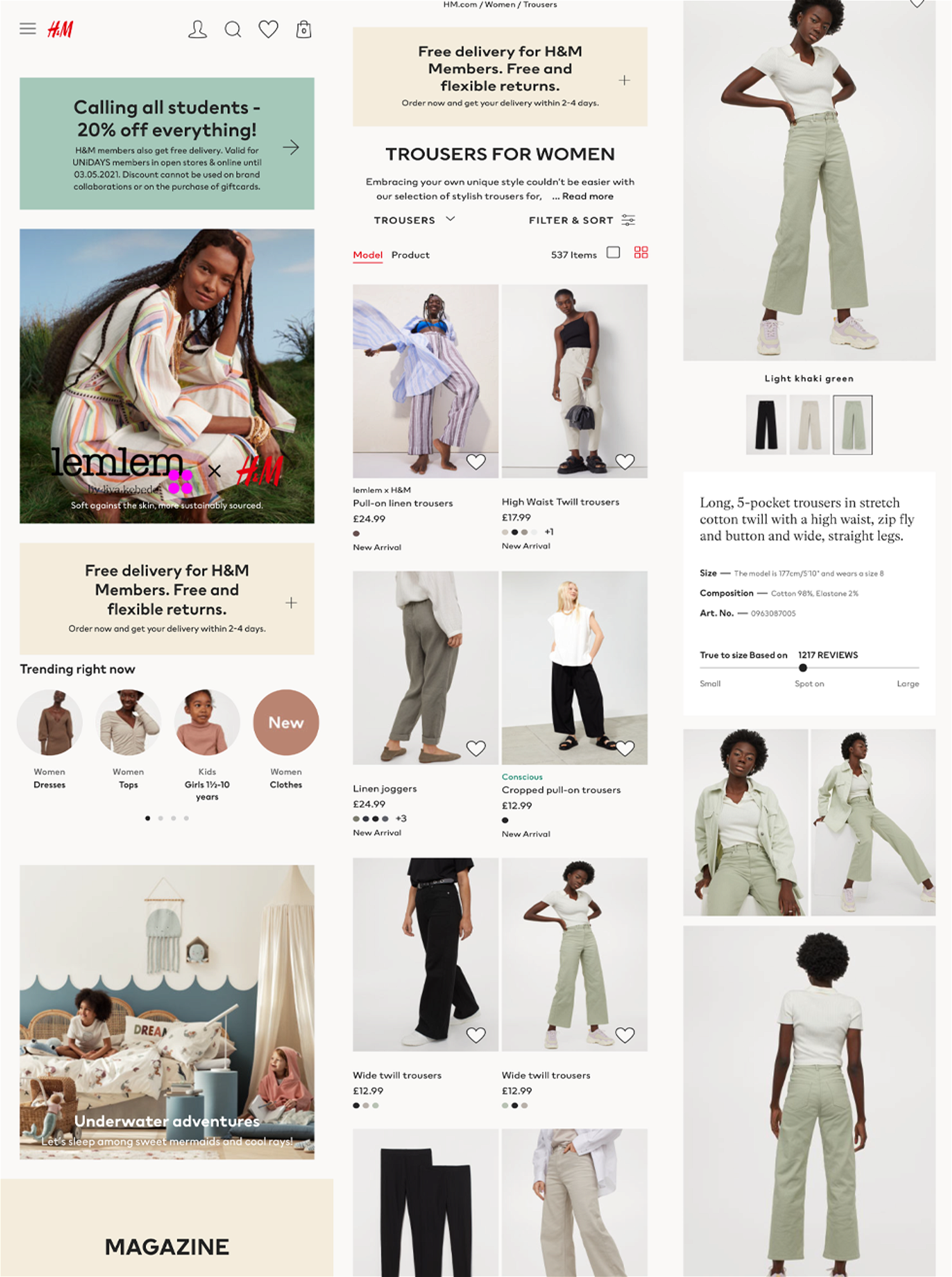 H&M's Mobile main page, category page and product page (left to right)