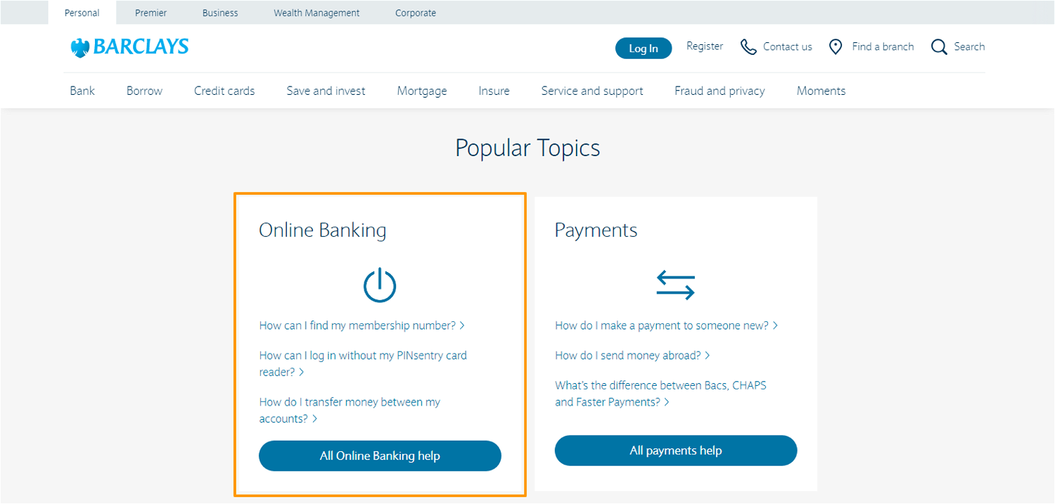 A página do Barclays' usa iconografia clara e fornece exemplos de perguntas respondidas em cada categoria, com as mais populares apresentadas em destaque