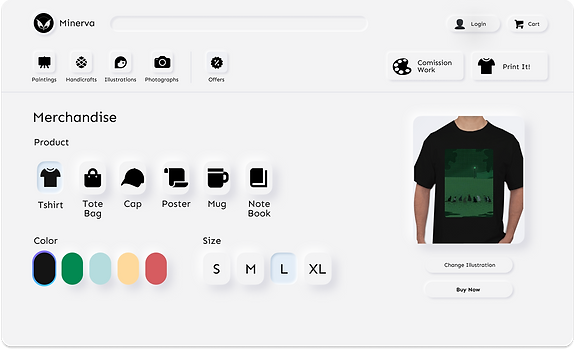 Merchandise: Choose a digital illustration from the product listing and have it printed on a medium of your choice.