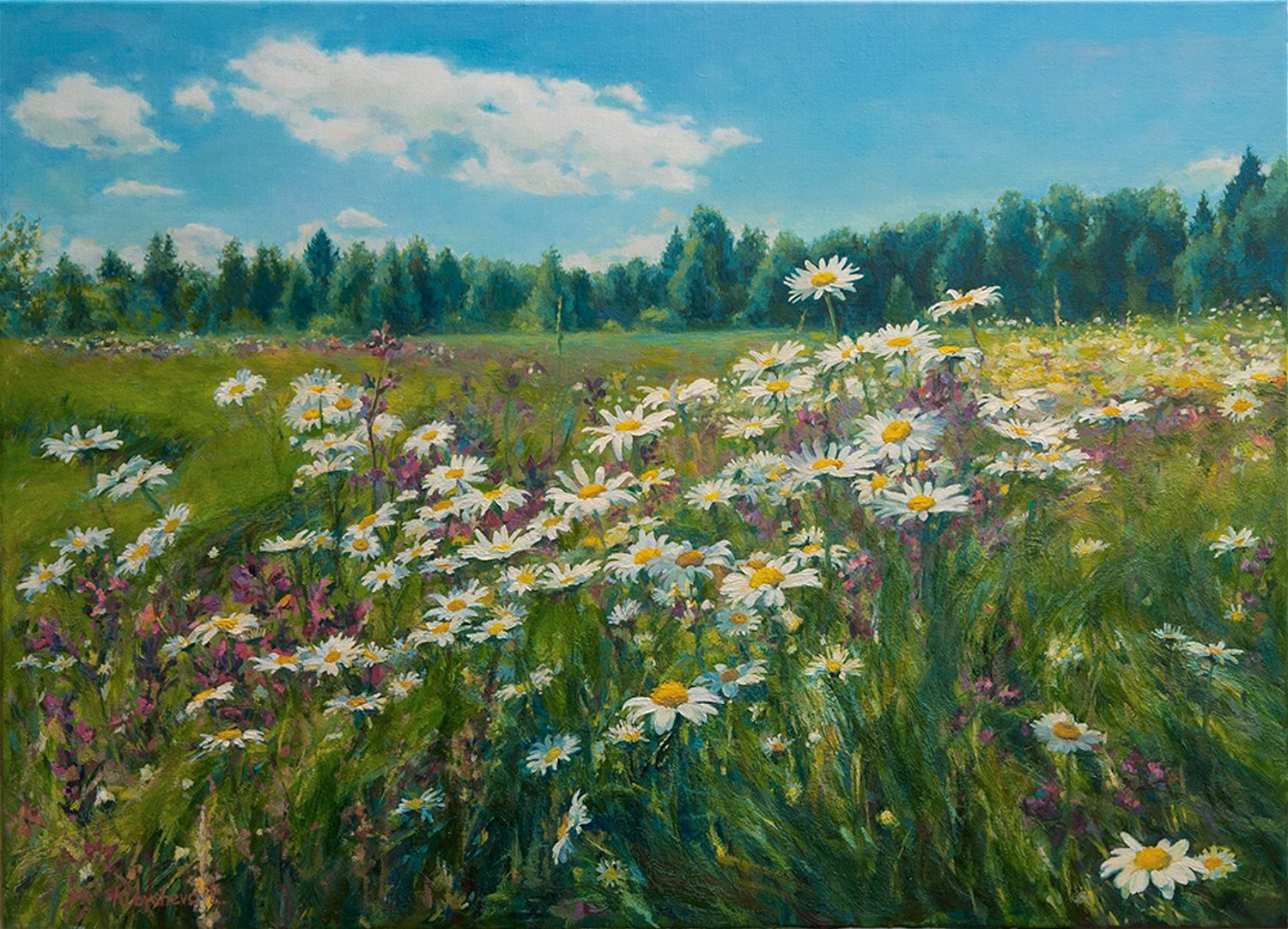 The view field with daisies is really landscape on central Russia. Oil, canvas.