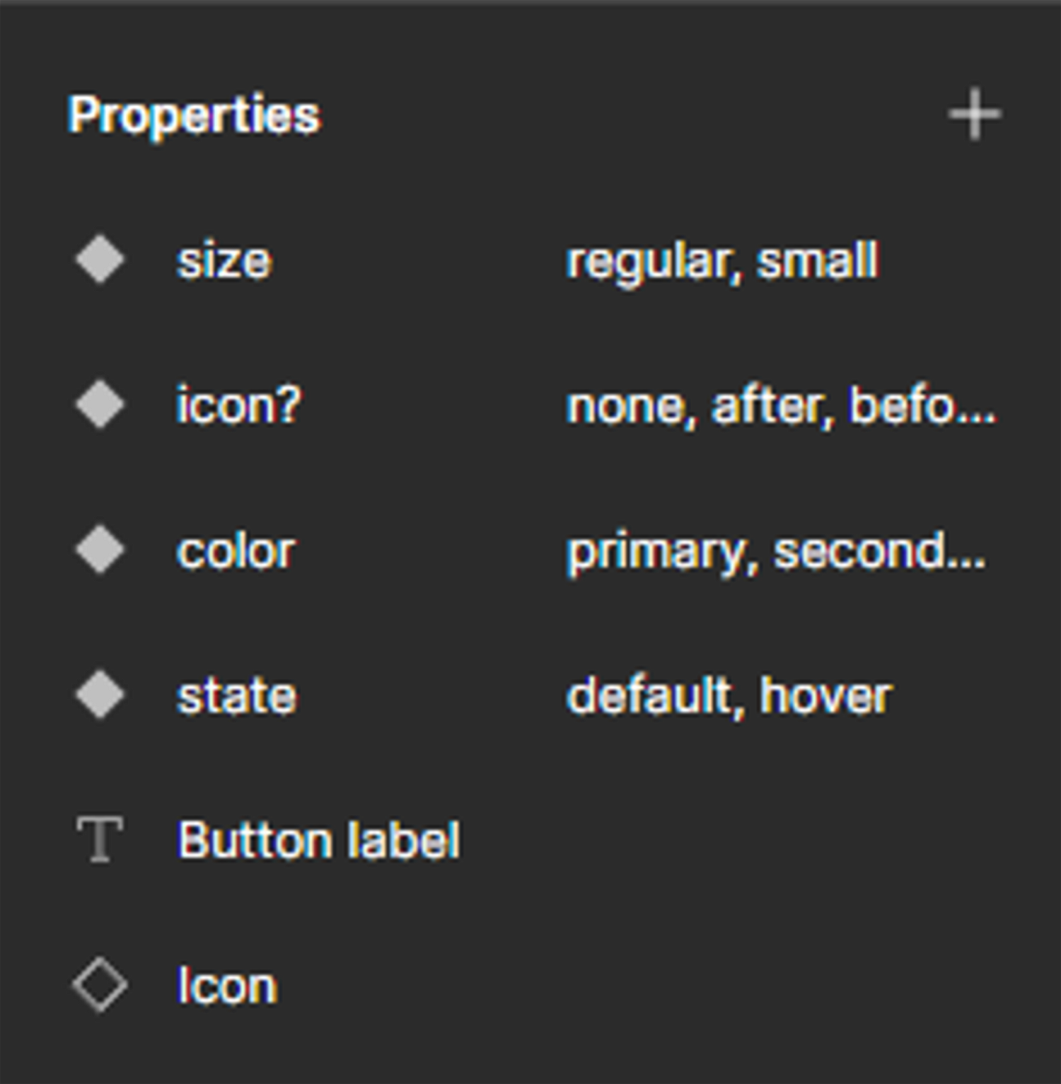 A preview of the properties panel for the Button component set.