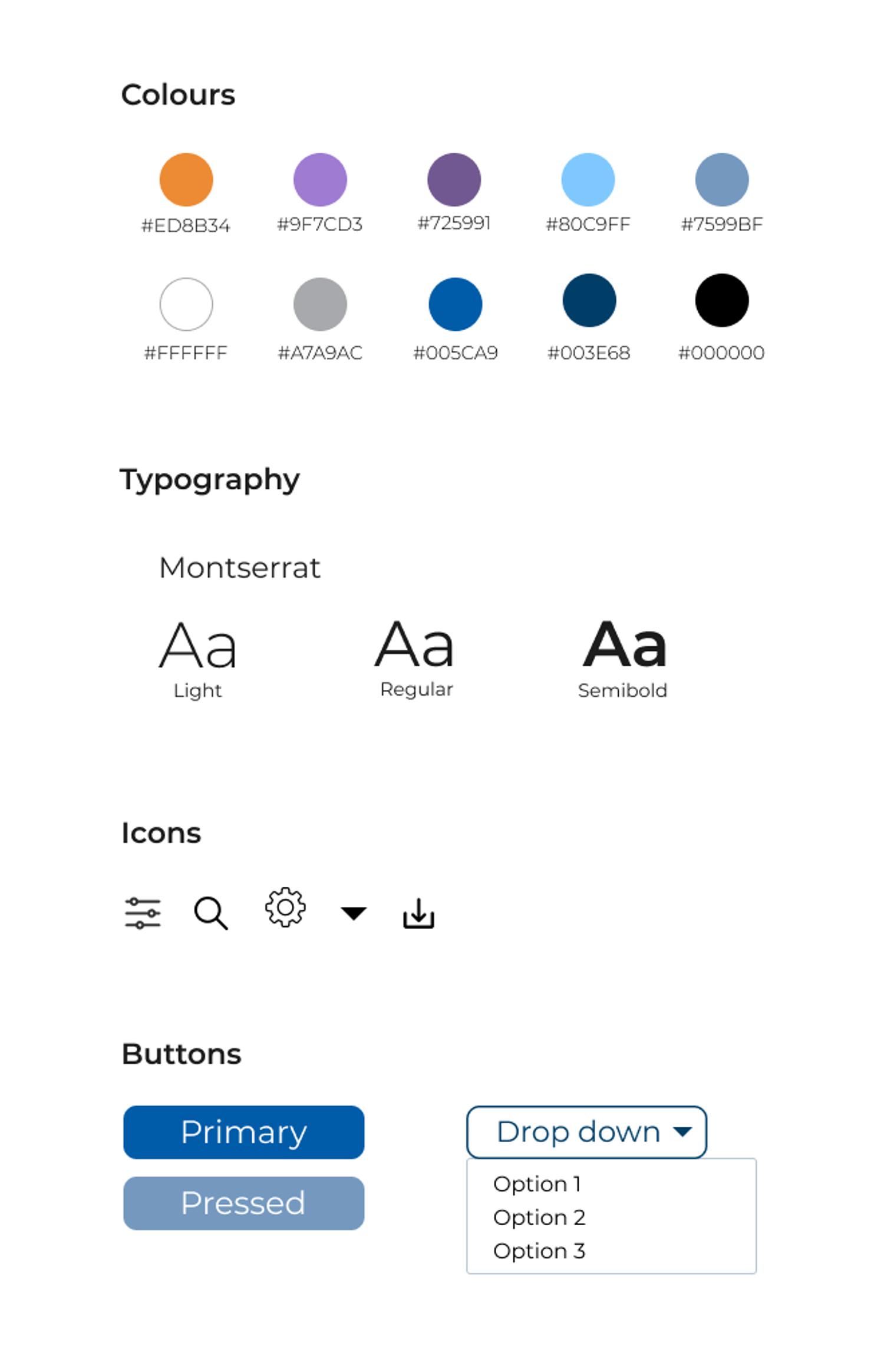 Guia de estilos incluindo esquema de cores, tipografia, iconografia e botões