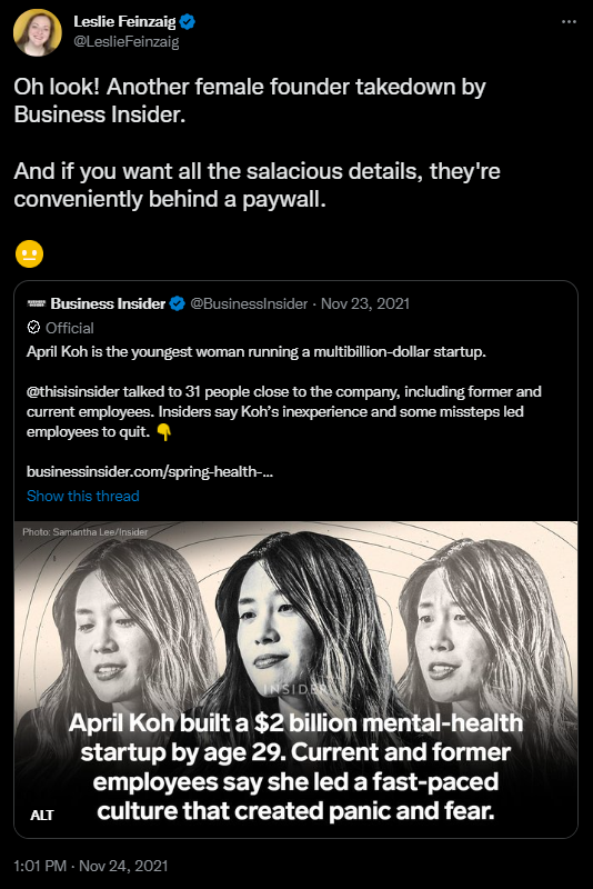 Re: BI’s Nov 2021 hit piece on Spring Health founder April Koh