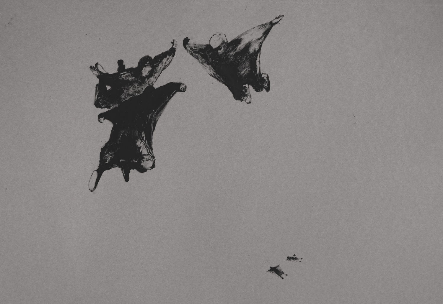 People Flying Over Russia.
Monotype, etching ink, grey paper, 70x100 cm, 2021