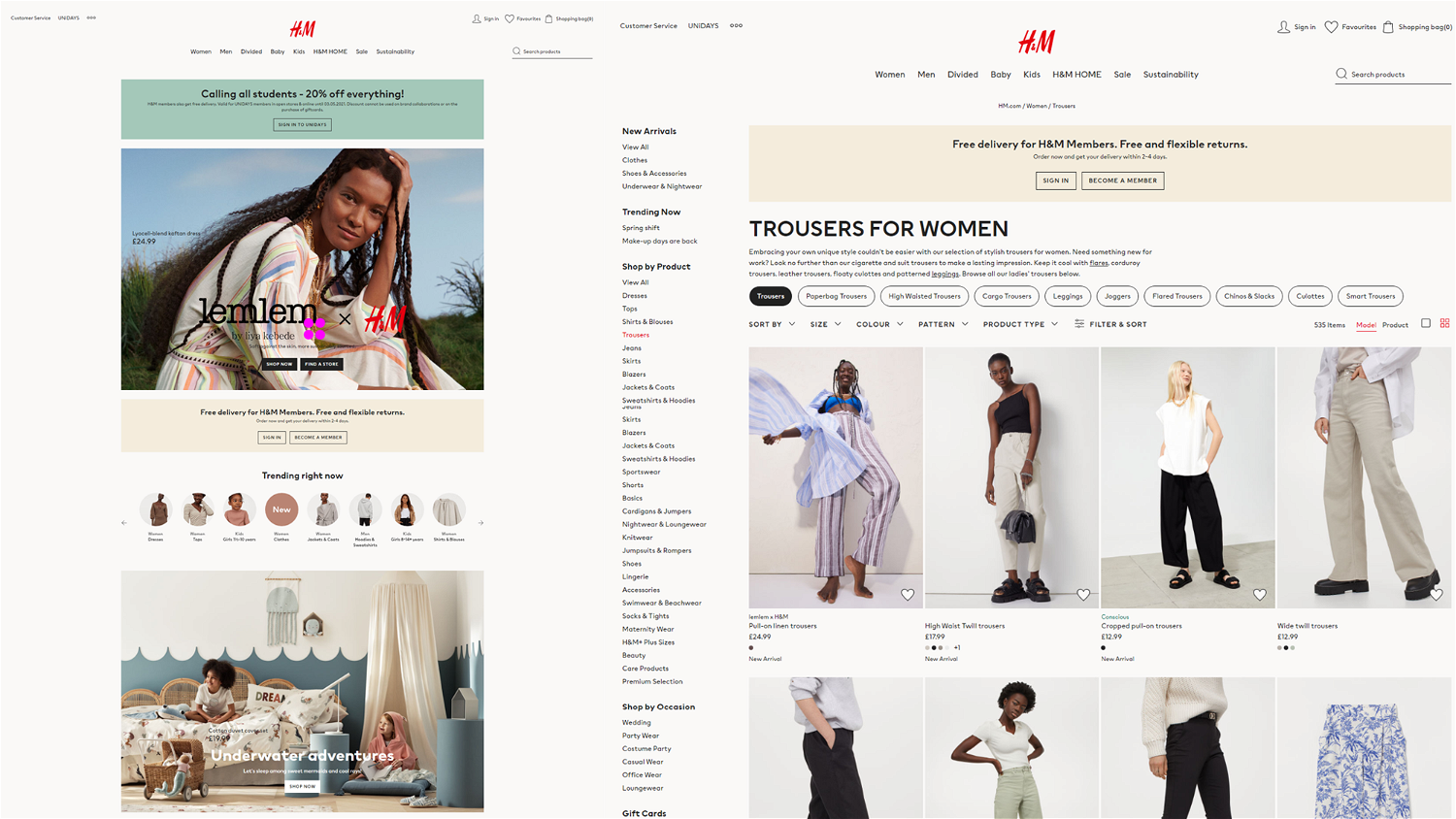 Site da H&M's no desktop. Página inicial (esquerda) e de categoria (direita)