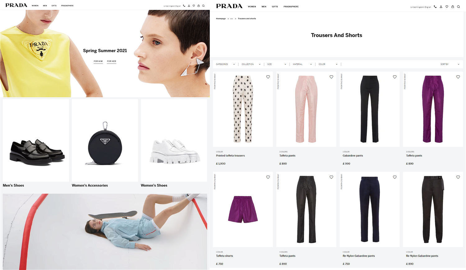 Prada's desktop website. Home page (left) and category page (right)