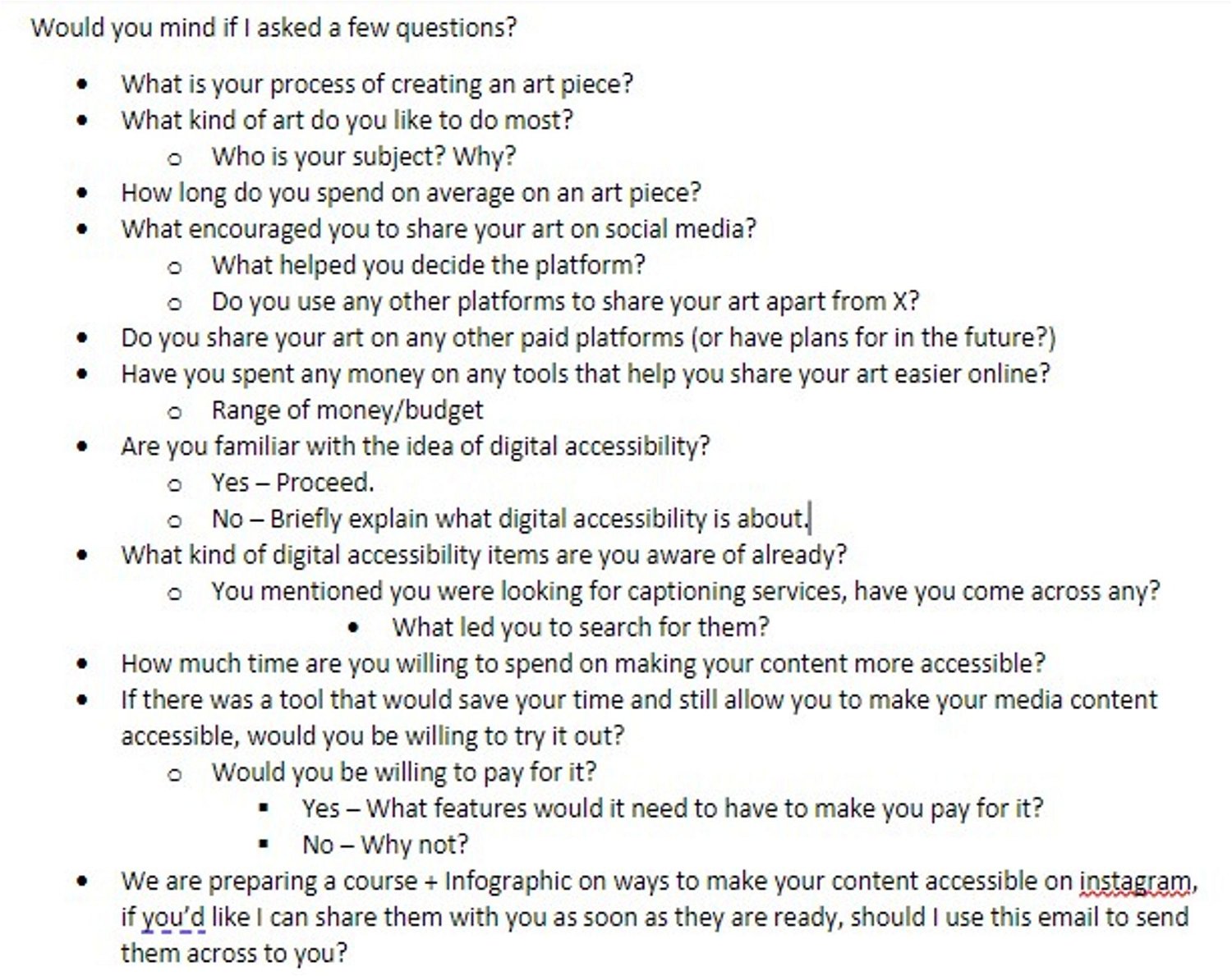Sample questions for an artist interview participant