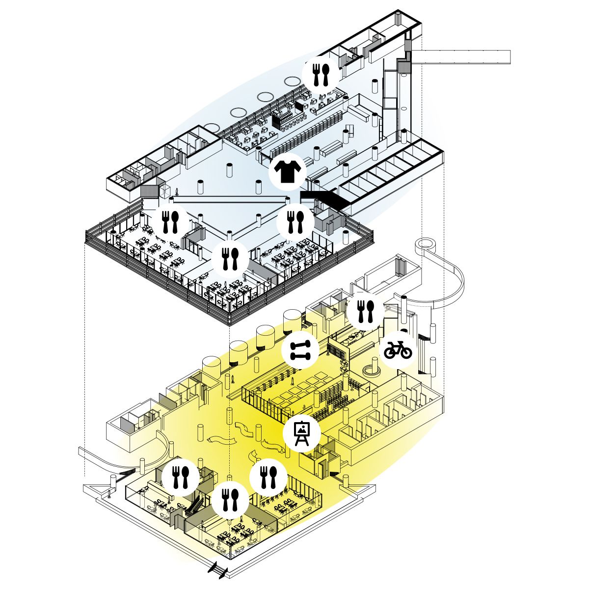 Above it, more mellow “ease” tenants such as dining and retail provide occupants respite from the environment and the humdrum of the everyday.