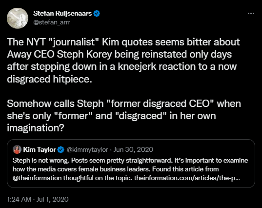 Re: Verge / NYT / BI hit piece on Away founder Steph Korey