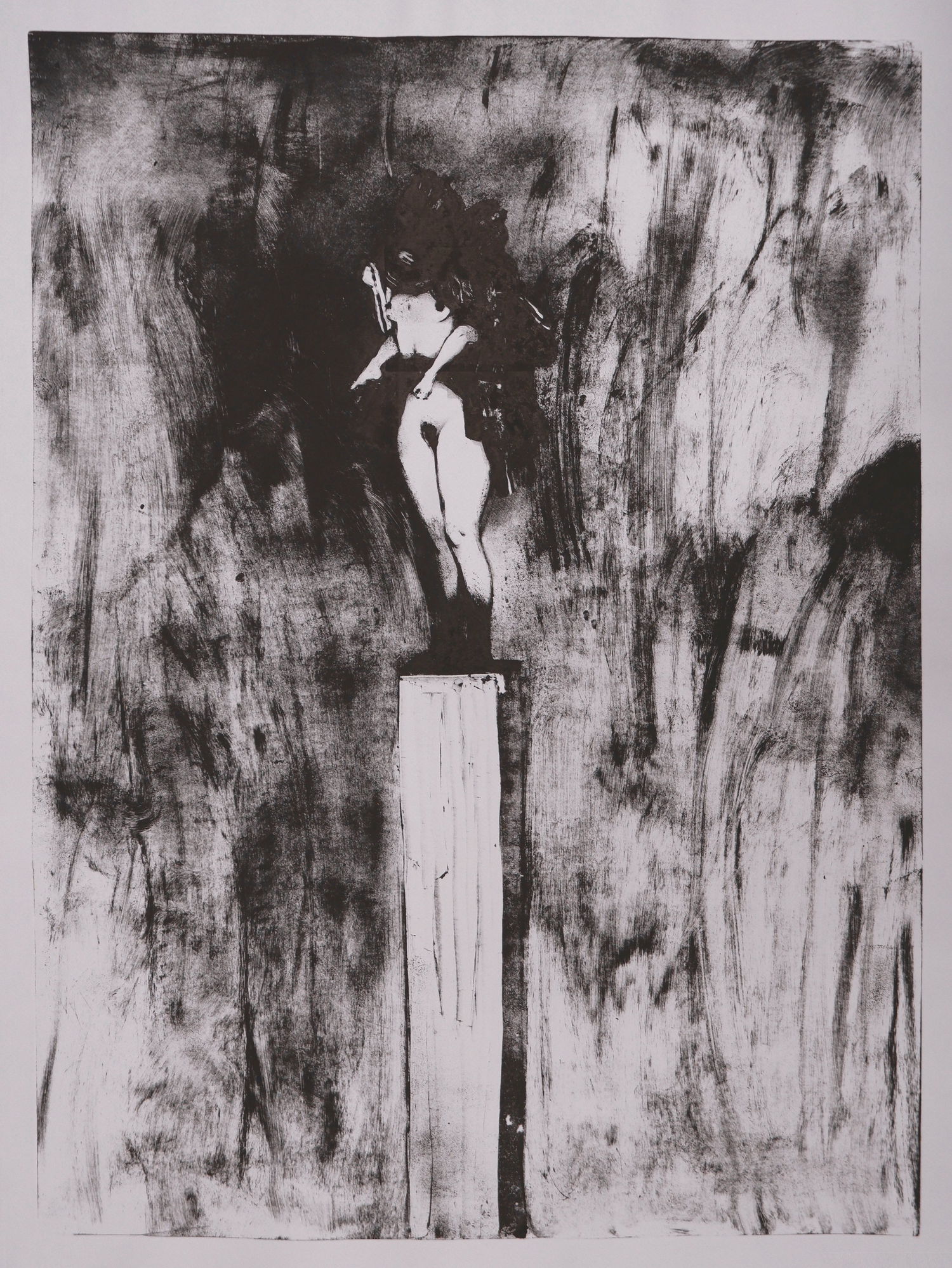 A Woman with a Child.  
monotype, etching ink, light-grey paper, 70x100 cm, 2021