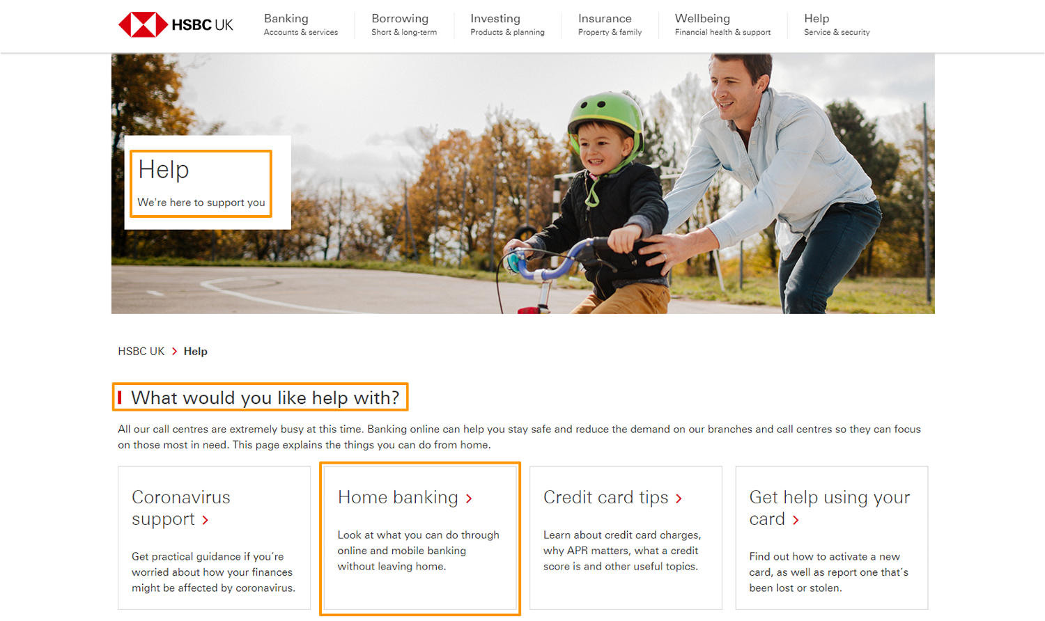 HSBC's support page has helpful microcopy and categories structure