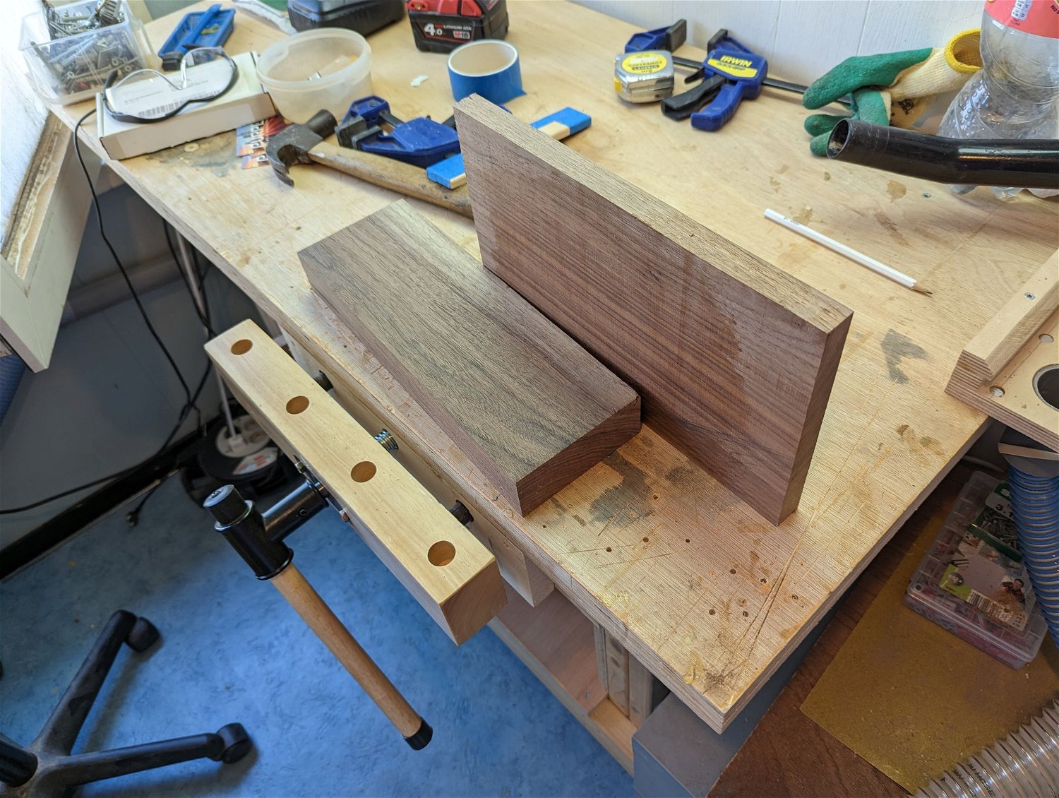 Selected to pieces of walnut; I had the board left over from another project and bought the block for the base. The plan is to recess magnets in the back of the board so the knives are held in place.