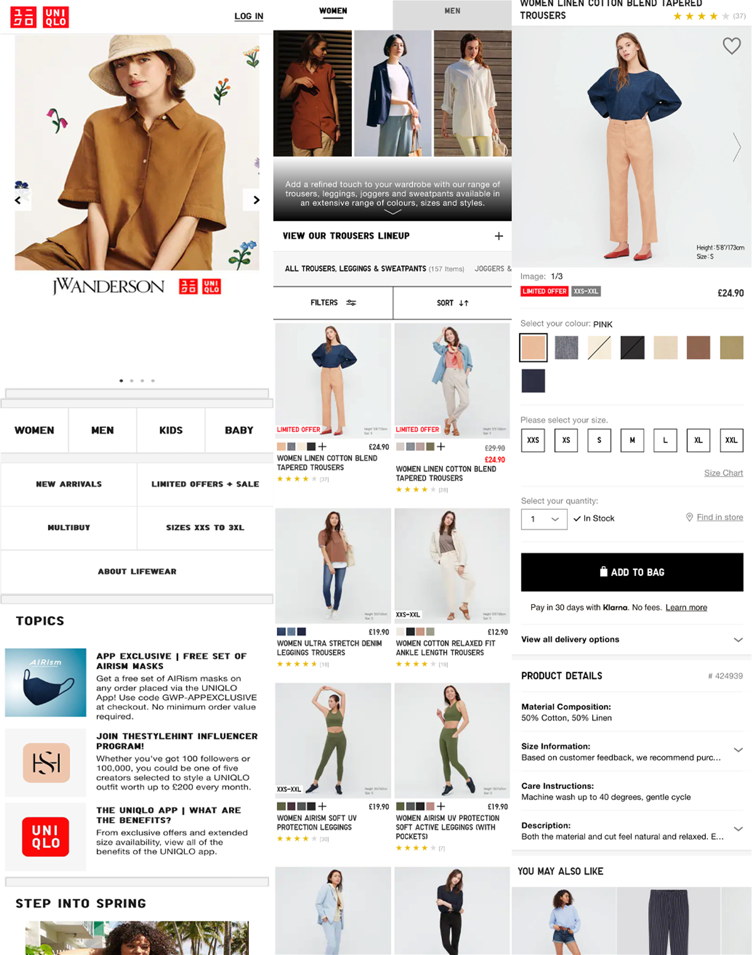 Uniqlo's Mobile main page, category page and product page (left to right)