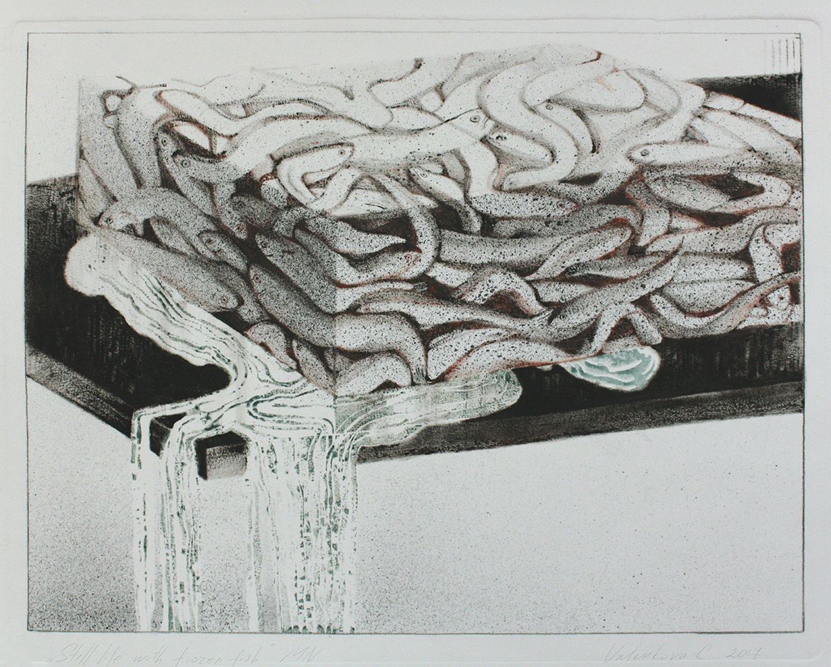 The Melting Fish. (Still-life With a Melting Fish)
Monotype print, etching ink, paper.  50x60 cm. 2017