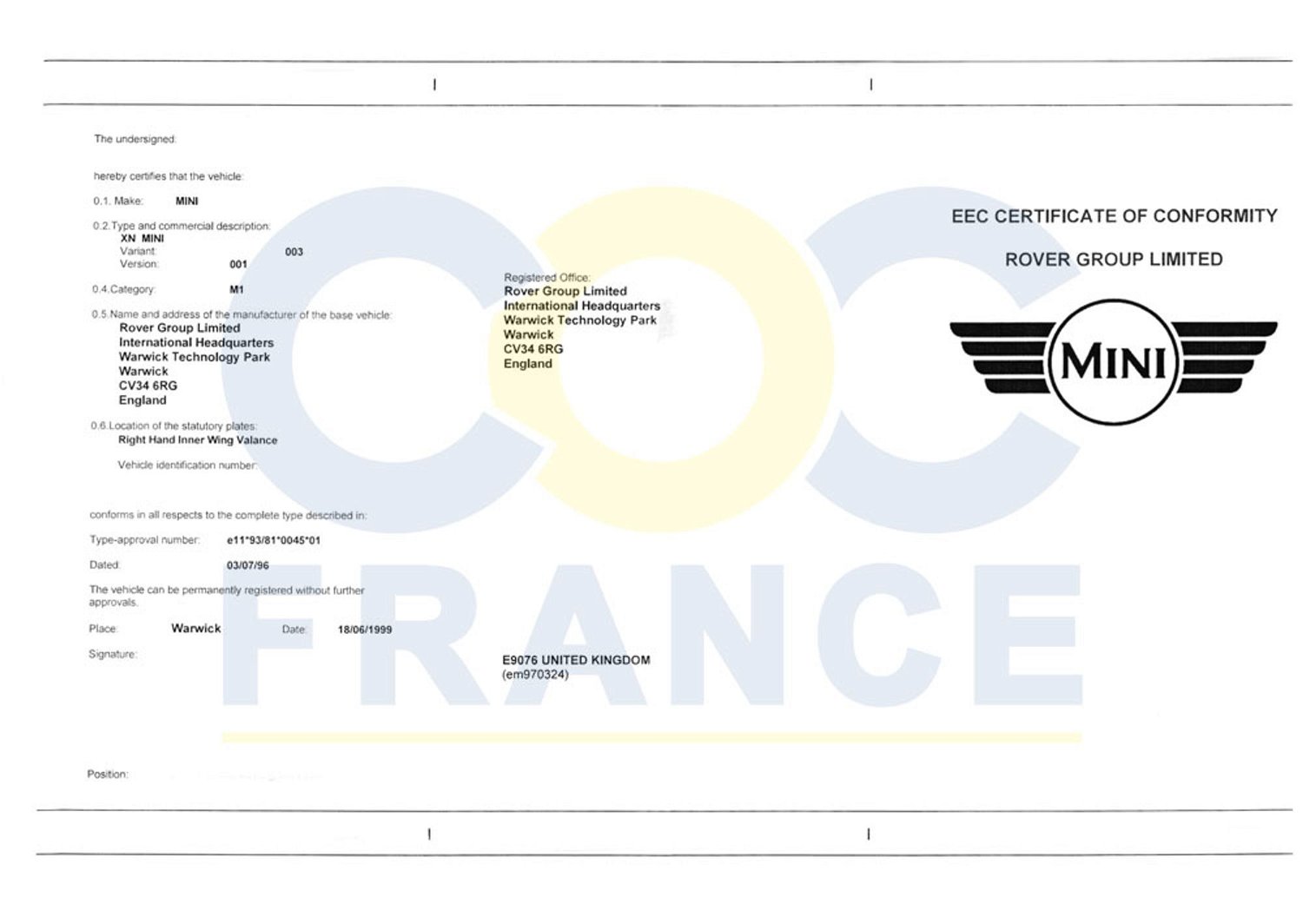 Certificat de conformité | COC France